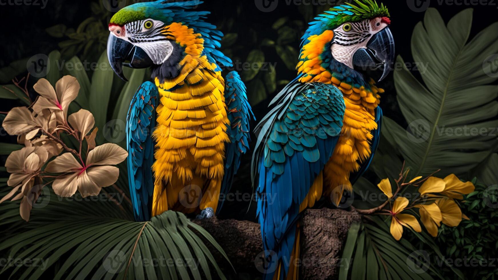 vistoso par de loros sentado en rama Entre hojas tropical selva , flores en el fondo, 3d representación increíblemente detallado. foto