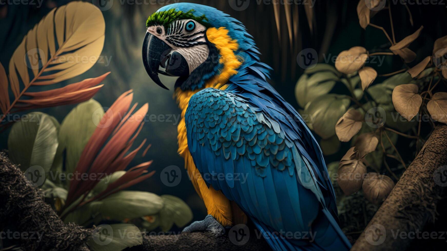 vistoso par de loros sentado en rama Entre hojas tropical selva , flores en el fondo, 3d representación increíblemente detallado. foto