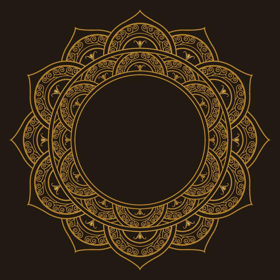 Gold Mandala Ornament Design With A Circle In The Middle Isolated On A Dark Background. vector