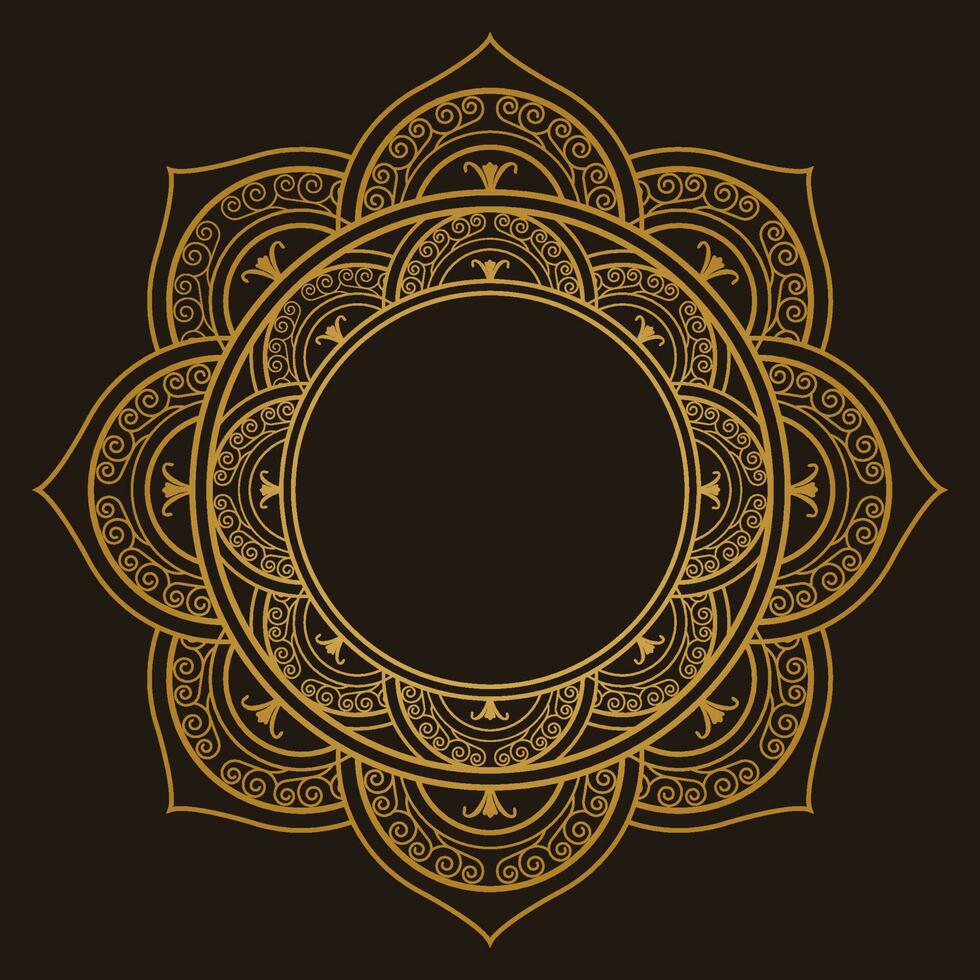 Gold Mandala Ornament Design With A Circle In The Middle Isolated On A Dark Background. vector