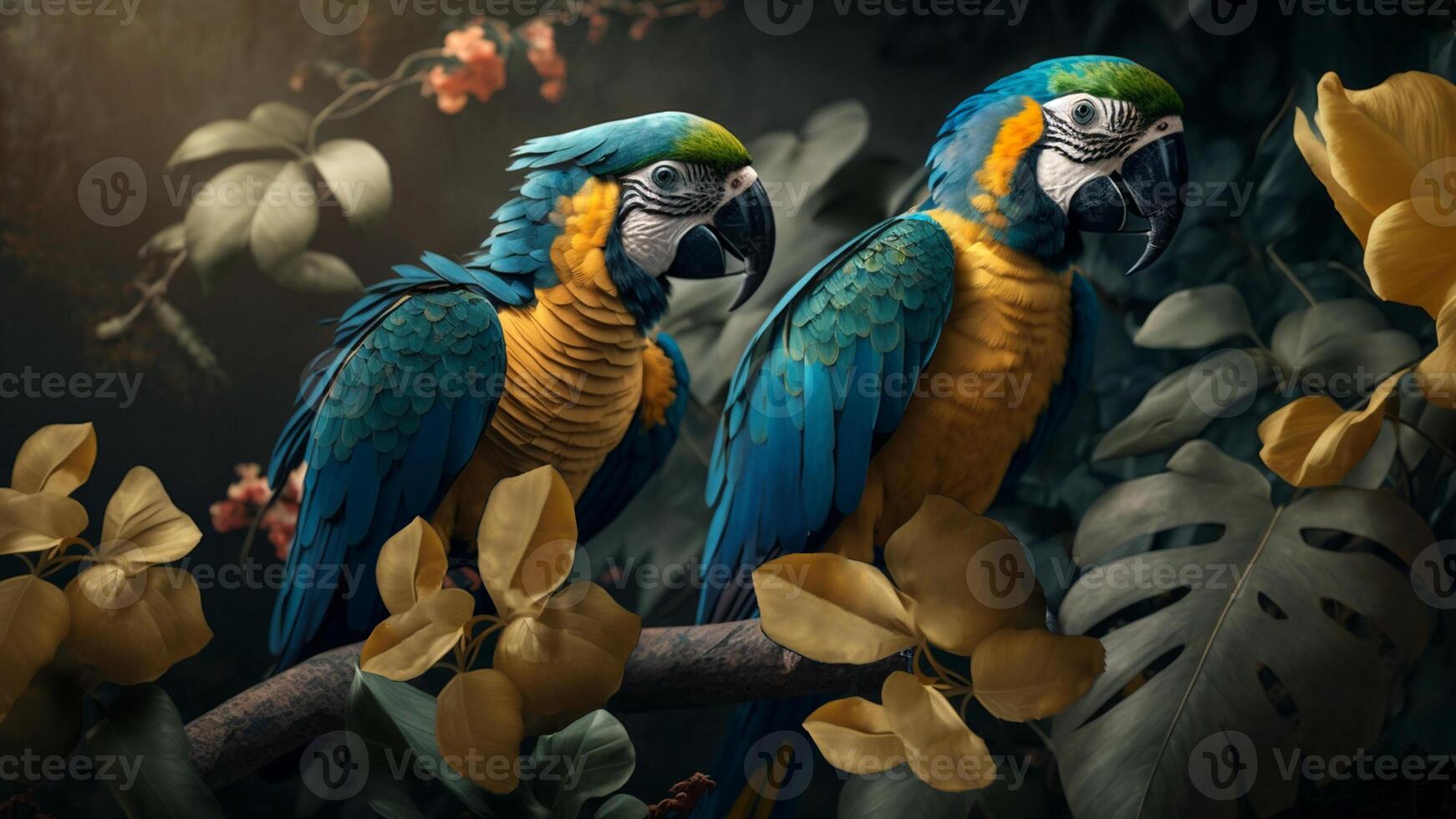 vistoso par de loros sentado en rama Entre hojas tropical selva , flores en el fondo, 3d representación increíblemente detallado. foto