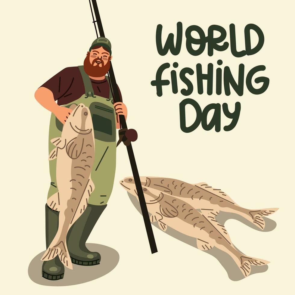 Fisherman's Day. A cheerful cartoon man with a fishing rod shows off his catch. Fishing as a vacation. Banner with a man, a fishing rod and a fish. Printing on paper and textiles. Greeting card vector