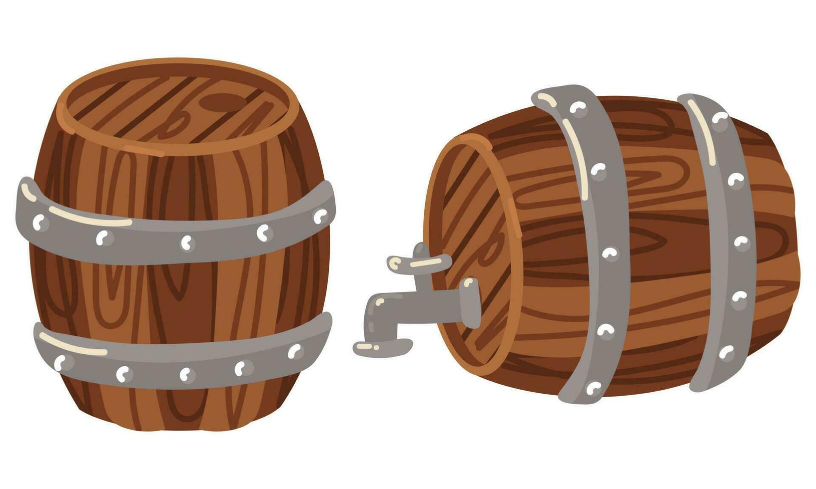 A set of wooden barrels for beer, wine, whiskey. Oak board containers with taps and stoppers brown containers for storing liquids convenient storage. Traditional storage in industry. Vector drink.