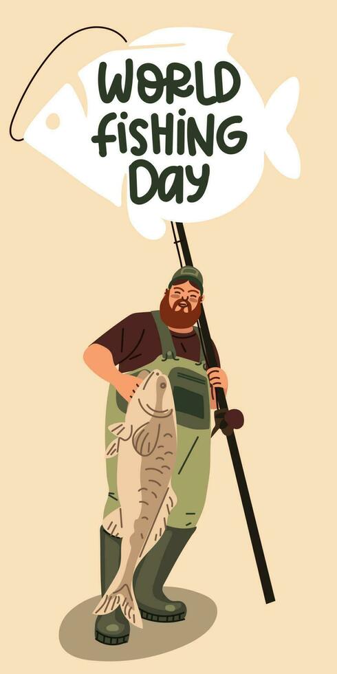Fisherman's Day. A cheerful cartoon man with a fishing rod shows off his catch. Fishing as a vacation. Banner with a man, a fishing rod and a fish. Printing on paper and textiles. Inscription vector