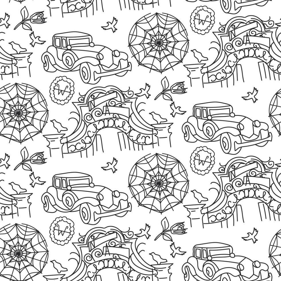 A pattern of elements of the theme of the school of Wednesday in a contour style. Monochrome contour gate, rose, car, bird, web window. Black and white background with Halloween image vector