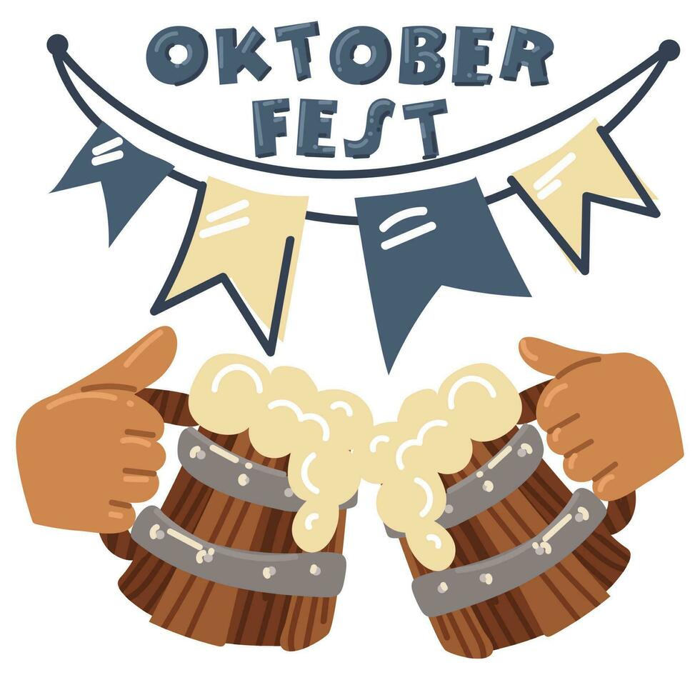 manos participación de madera tazas con espumoso cerveza debajo el inscripción Oktoberfest y banderas celebrando un al aire libre fiesta. aislado vector ilustración de cerveza bebedores en un blanco antecedentes. saludos