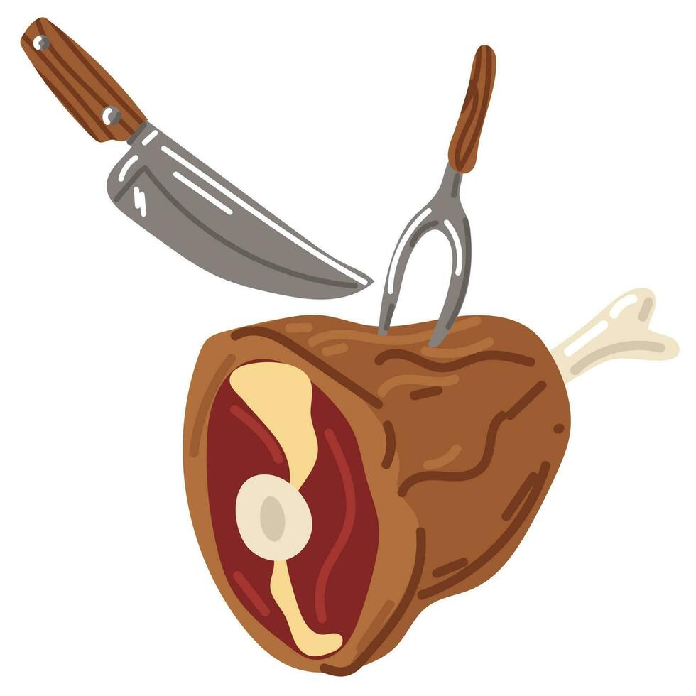 Beef leg is cut with a knife into steaks. Baked pork tenderloin, knife, fork in cartoon style on a white background. Drawing for the grill menu, food stickers on a white background. Oktoberfest theme vector