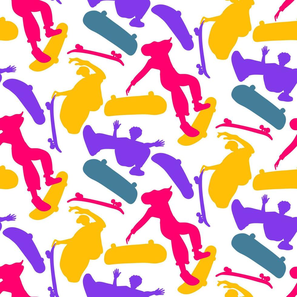 A pattern of bright silhouettes of people on skateboards. Colorful vector illustration on a white background. Extreme, tricks, bright color. A bright youth collection of sports silhouettes