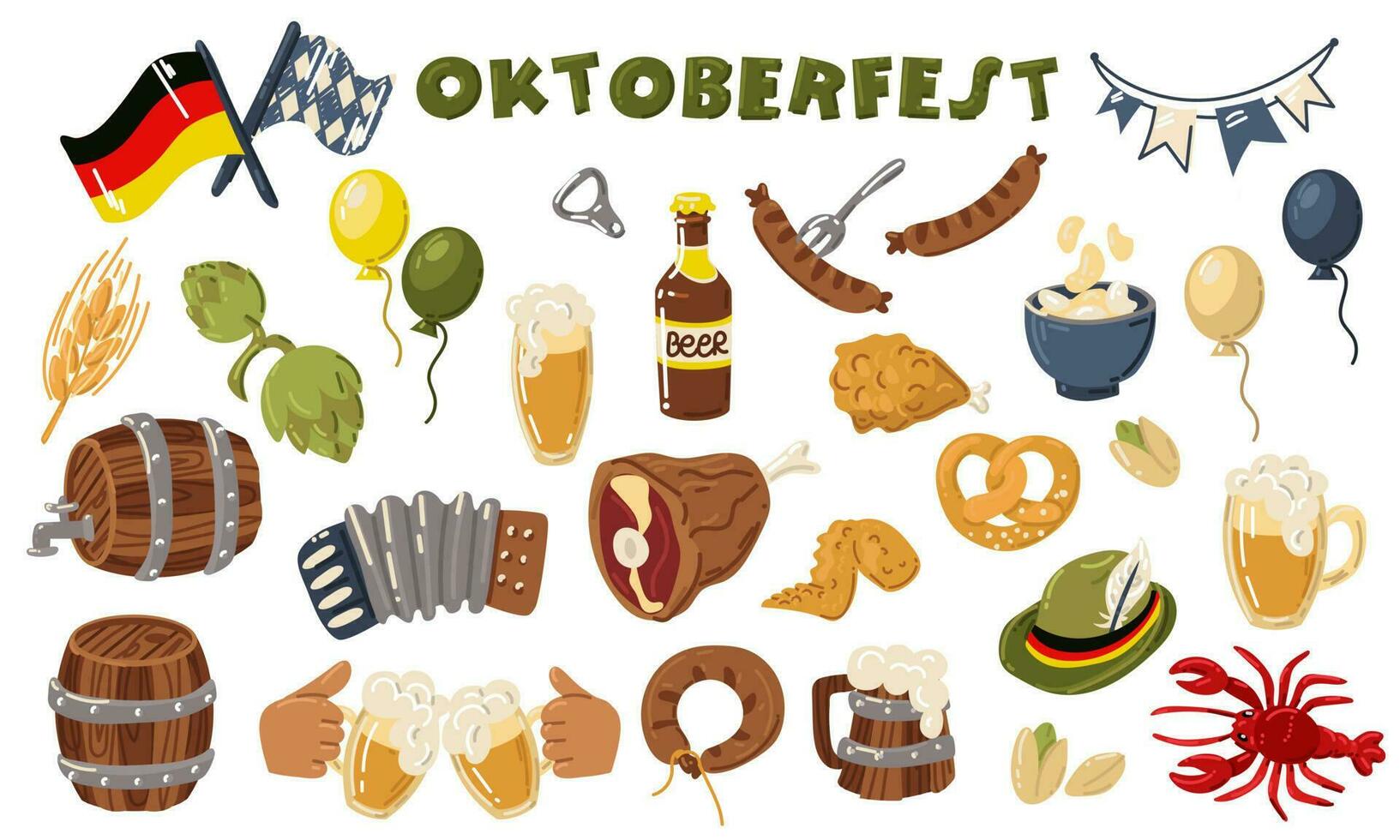 Oktoberfest conjunto - A la parrilla embutido, salchicha en un tenedor, un vaso de cerveza, un lata de cerveza, un alemán bandera, un suave galleta salada, un sombrero, un de madera barril destacado en blanco. plano vector ilustración para fiesta