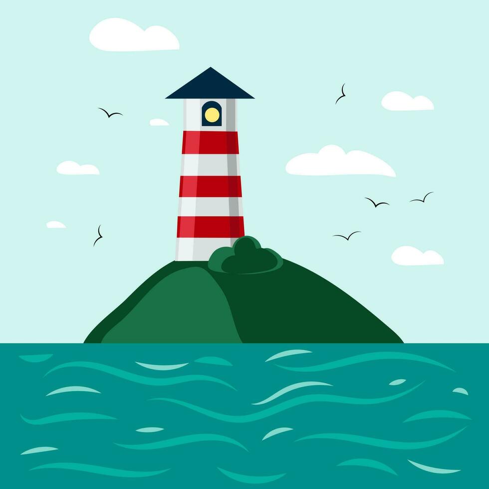 faro en el rocas de el islas alrededor el mar ondas dibujos animados vector antecedentes. faro en el Oceano para navegación ilustración. para niños ilustración para impresión como un tarjeta postal