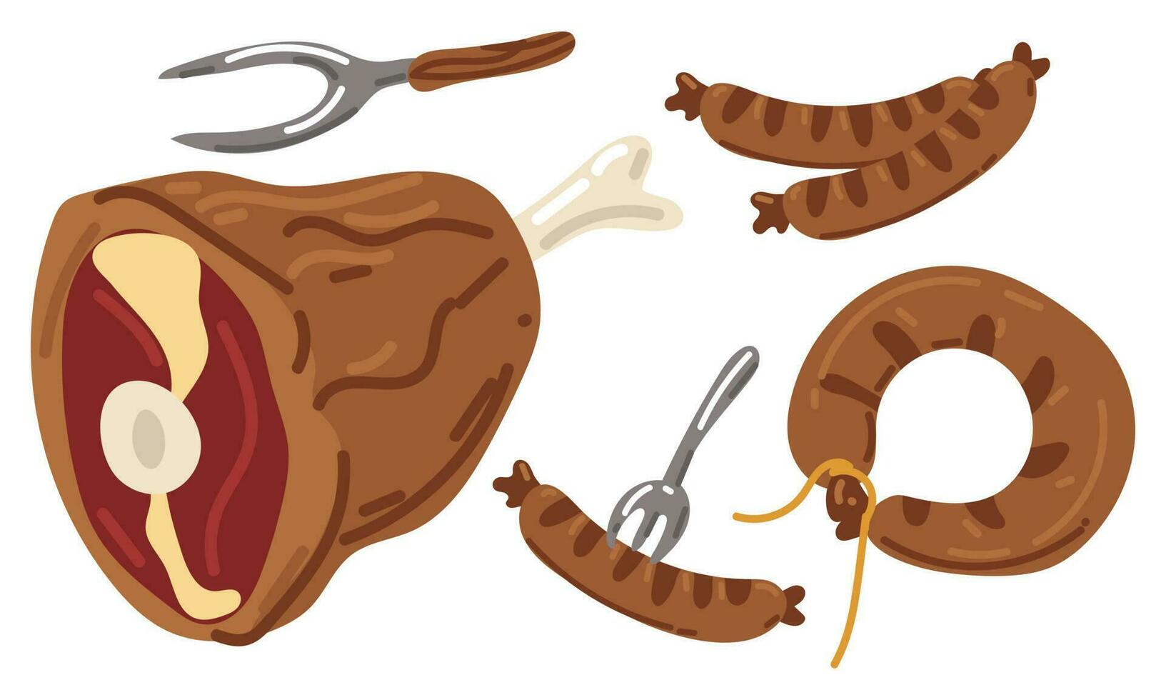 Cartoon meat products on the grill. Dried leg, sausages and sausages on a fork. A set of vector meat products. Fork, knife and meat products for snacks at Oktoberfest. Stickers