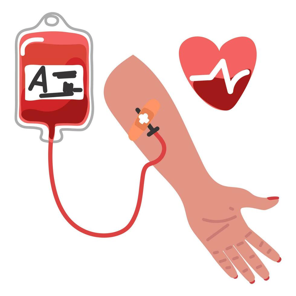 Venous blood collection kit. Transfusion of venous blood from a package for the patient. Hand-drawn vector illustration. A simple color collection. Blood bag, female hand, transfusion, filling heart