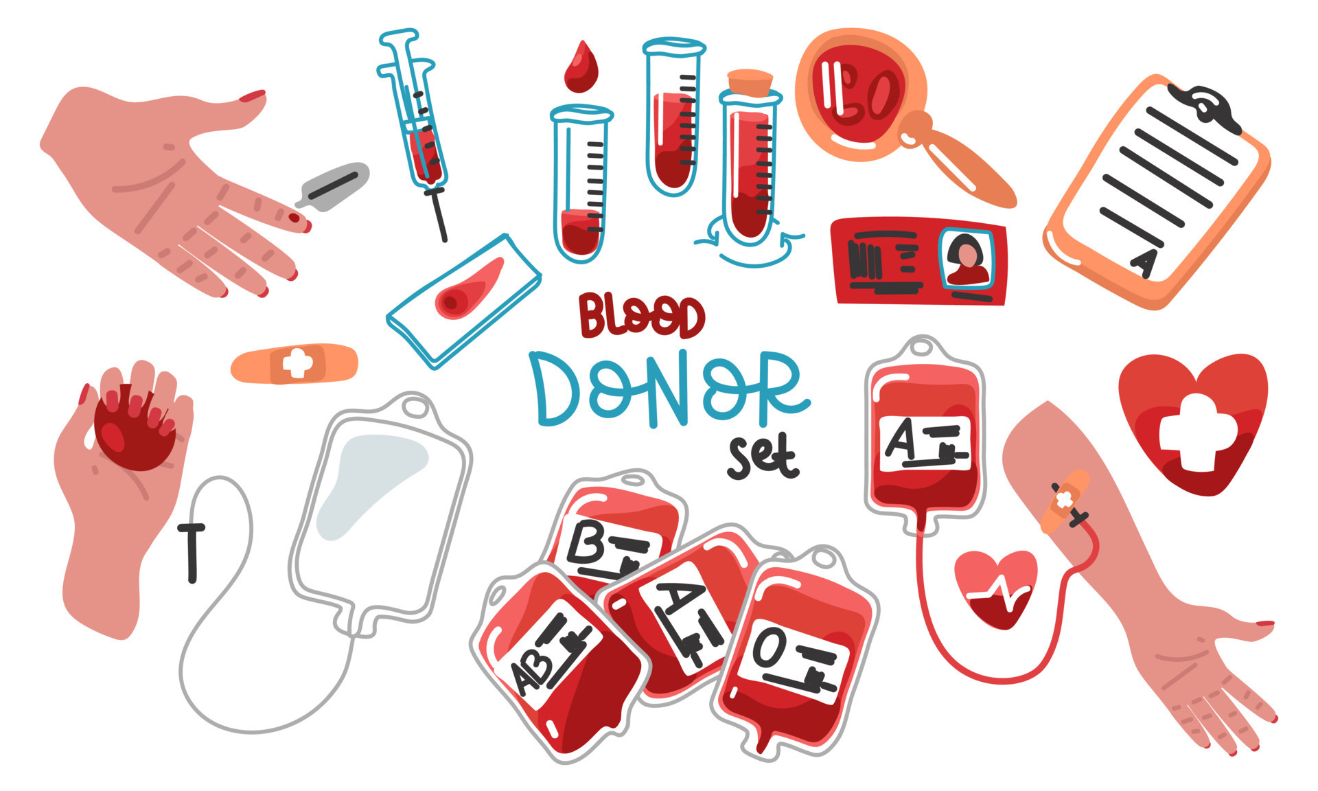 grande conjunto sangre donación, sangre transfusión vector. un conjunto de hematología iconos
