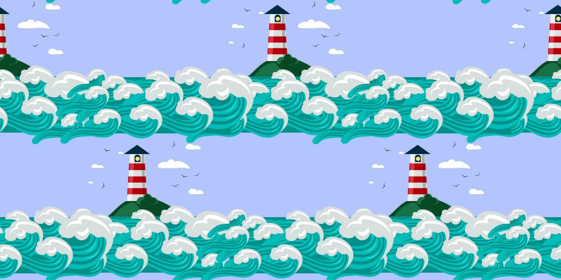 A pattern with lighthouses on an island surrounded by large waves in cartoon style. Vector graphic illustration of the ocean and coast lighthouse. Seamless pattern for printing on textiles and paper