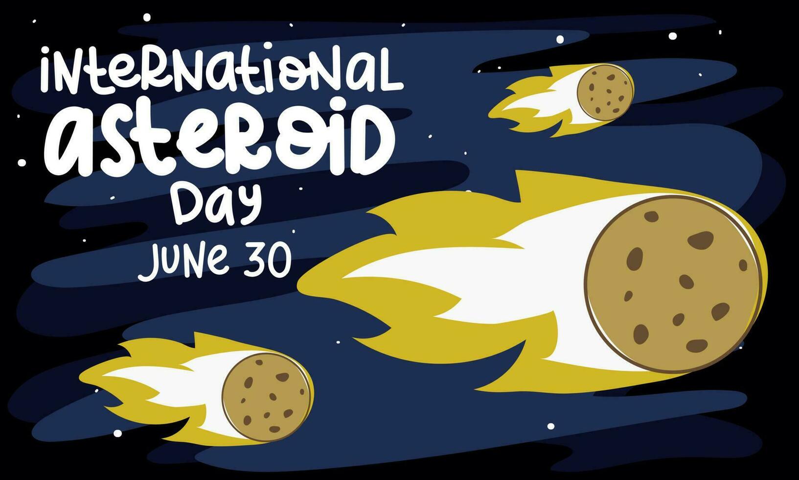 Vector illustration for international asteroid day. Asteroids rushing through space on a blue background with stars in the background, as a banner, a flyer for the holiday. June 30. Horizontally