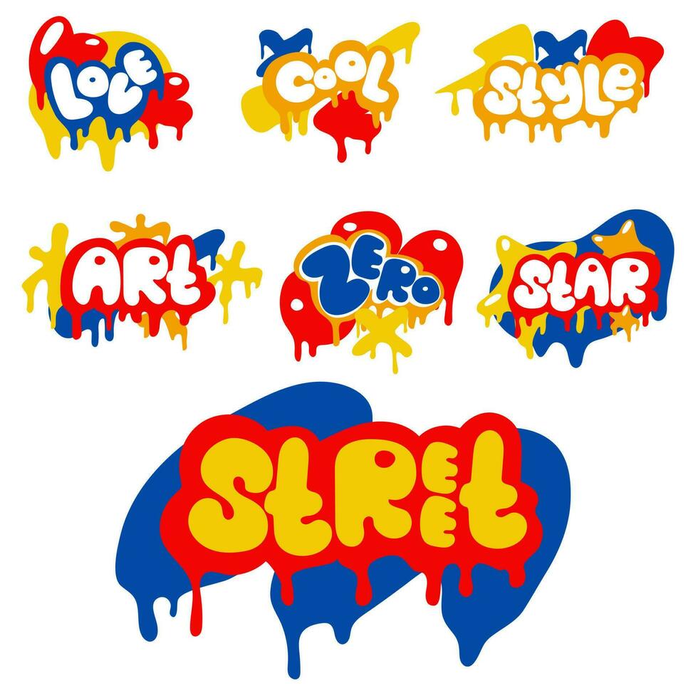 A set of unique colored words in the style of graffiti. Rounded letters and shapes with streaks of paint. Dripping paint, ink, grunge. Hand-drawn fashionable vector illustration in street style