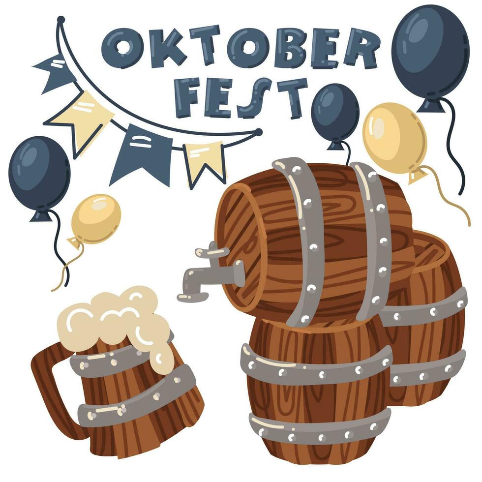 Oktoberfest is a German beer festival in Bovary. The name with a stretch of flags, balloons with large barrels of beer. Printing on textiles and paper, banner option, invitations Beer Festival invites vector
