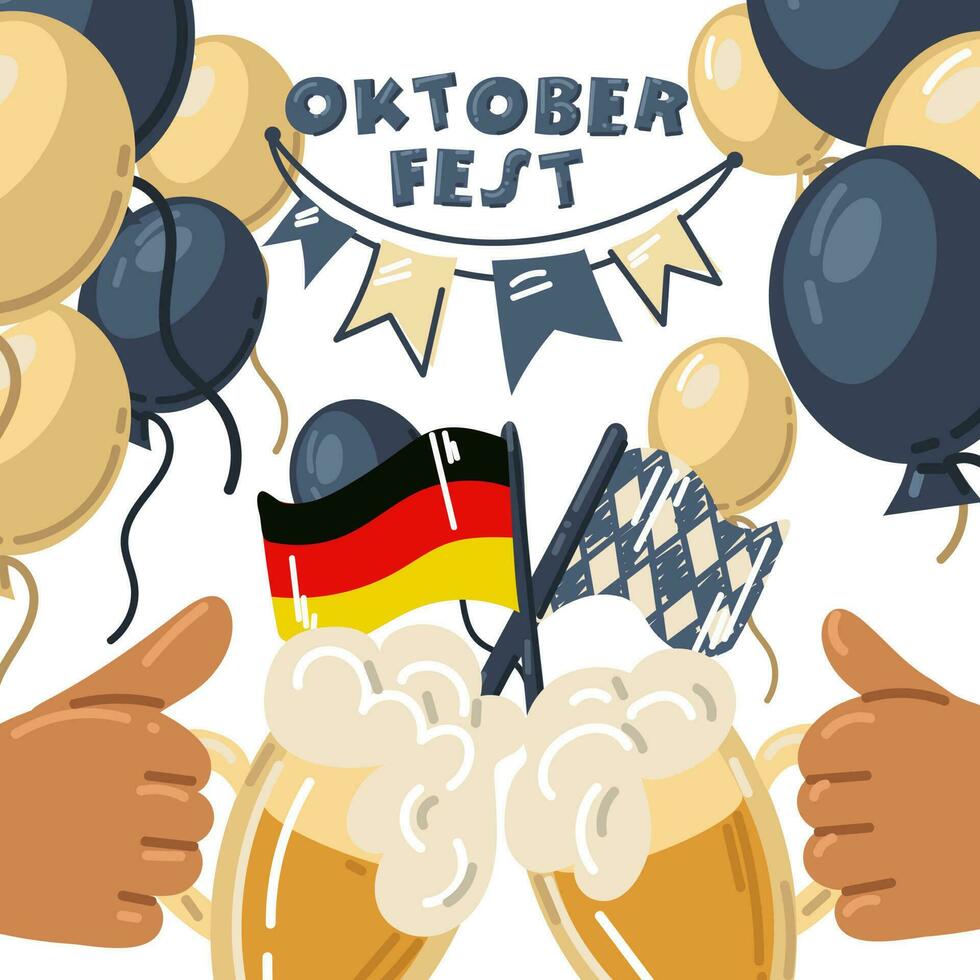 Oktoberfest is a Bovary beer festival . The name with a banner banner, balloons and beer mugs in his hands. Printing on textiles and paper, banner option, invitations. Beer Festival invites vector