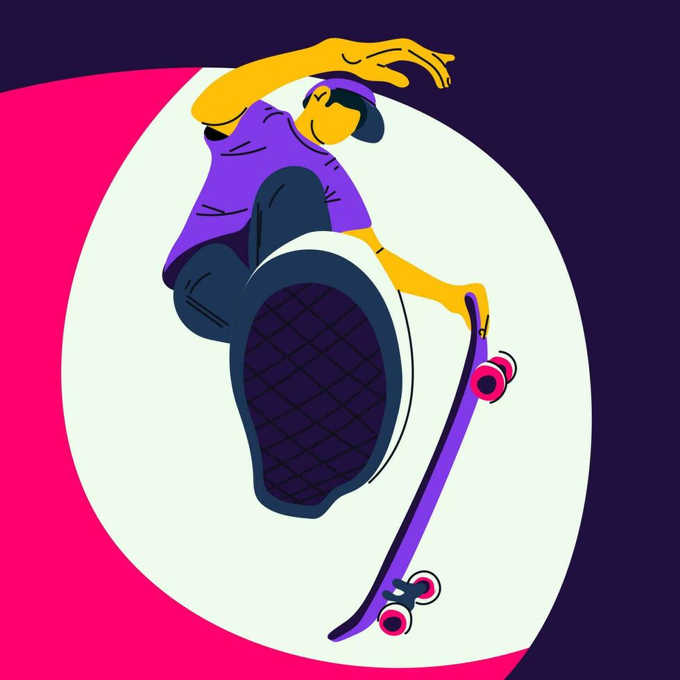 Poster International Skateboarding Day. A guy with a skateboard performs a jump on a pink, purple background. Skateboard tricks, skating, jumping. Banner with bright people for the holiday on June 21 vector