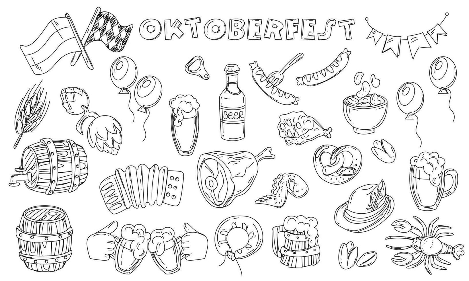 Oktoberfest set - grilled sausage, sausage on a fork, a glass of beer, a can of beer, a German flag, a soft pretzel, a hat, a wooden barrel highlighted in white. Contour illustration, coloring vector