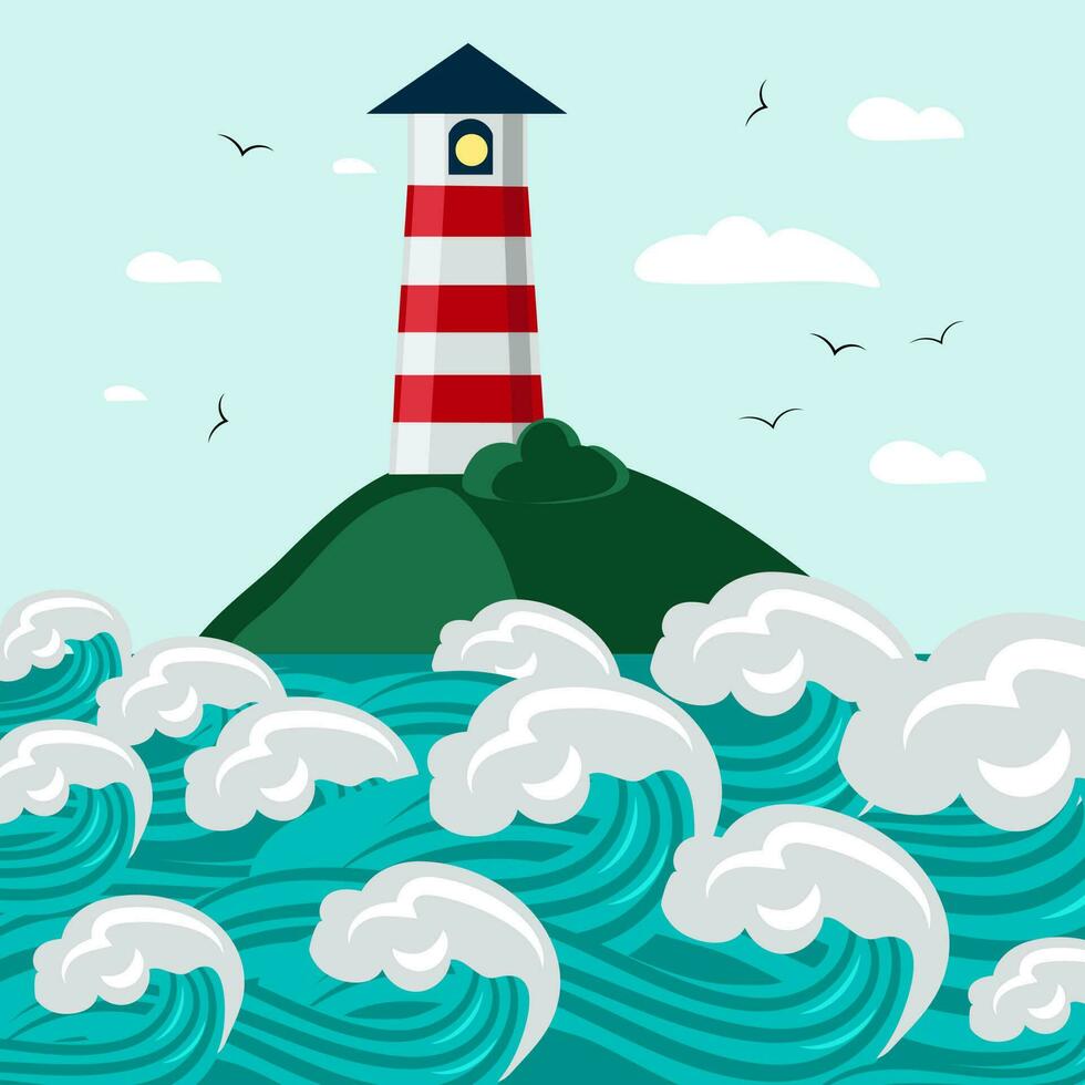 Lighthouse on the rocks of the islands around the sea rough waves cartoon vector background. Lighthouse in the ocean for navigation illustration. Children's illustration for printing as a postcard