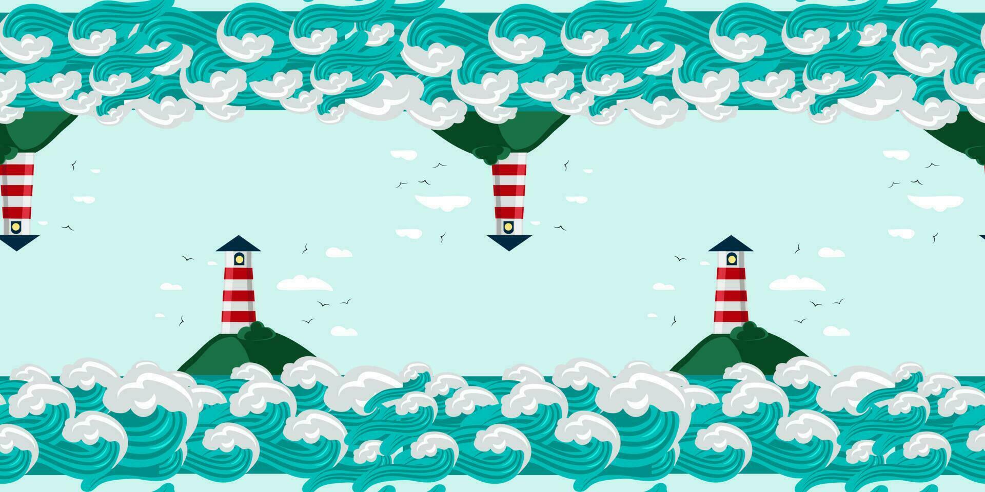 Pattern with lighthouses on the island surrounded by large waves in cartoon style, mirror image with offset. Vector graphic illustration of the ocean and coast lighthouse Seamless pattern for printing
