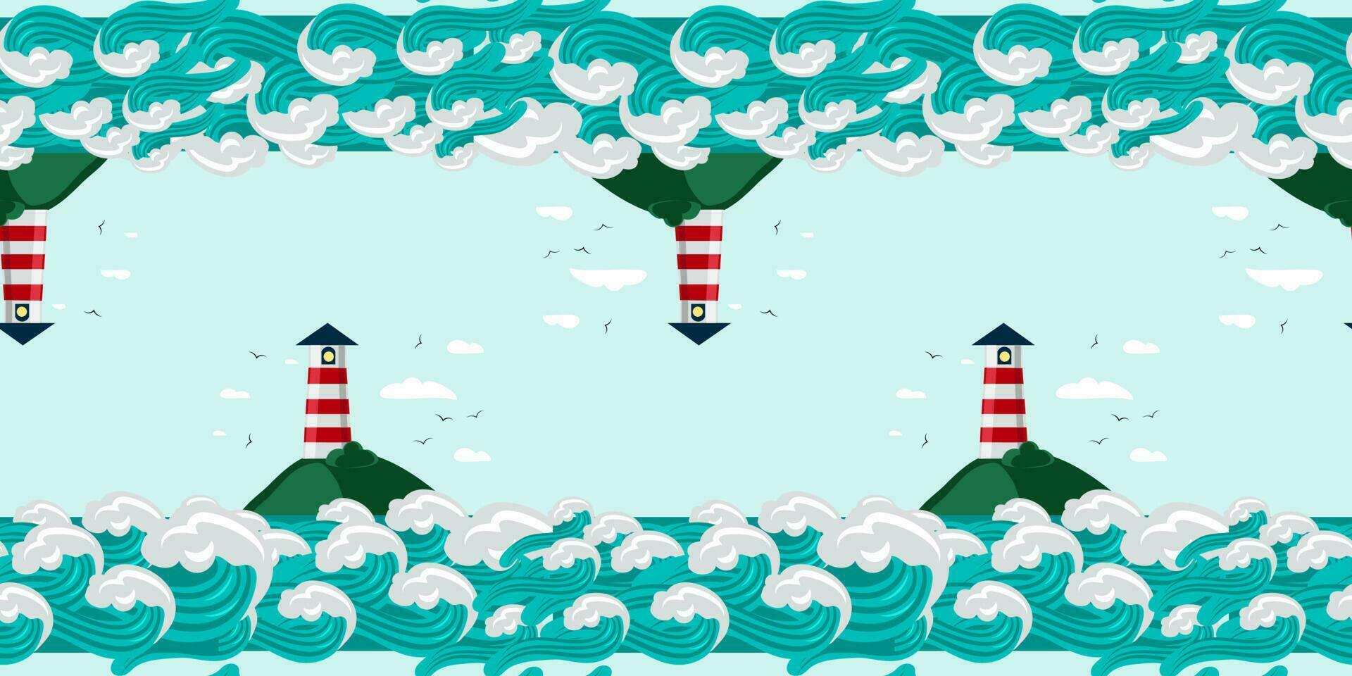 modelo con faros en el isla rodeado por grande olas en dibujos animados estilo, espejo imagen con compensar. vector gráfico ilustración de el Oceano y costa faro sin costura modelo para impresión