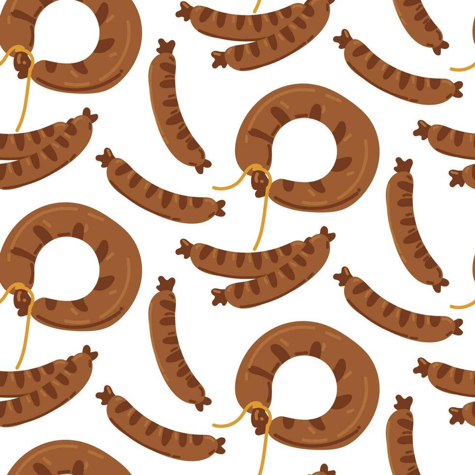 A pattern for an illustration on the theme of Oktoberfest. A delicious breakfast on a German holiday. Smoked sandwich with meat sausage endless texture wallpaper. Isolated on a white background. Types vector