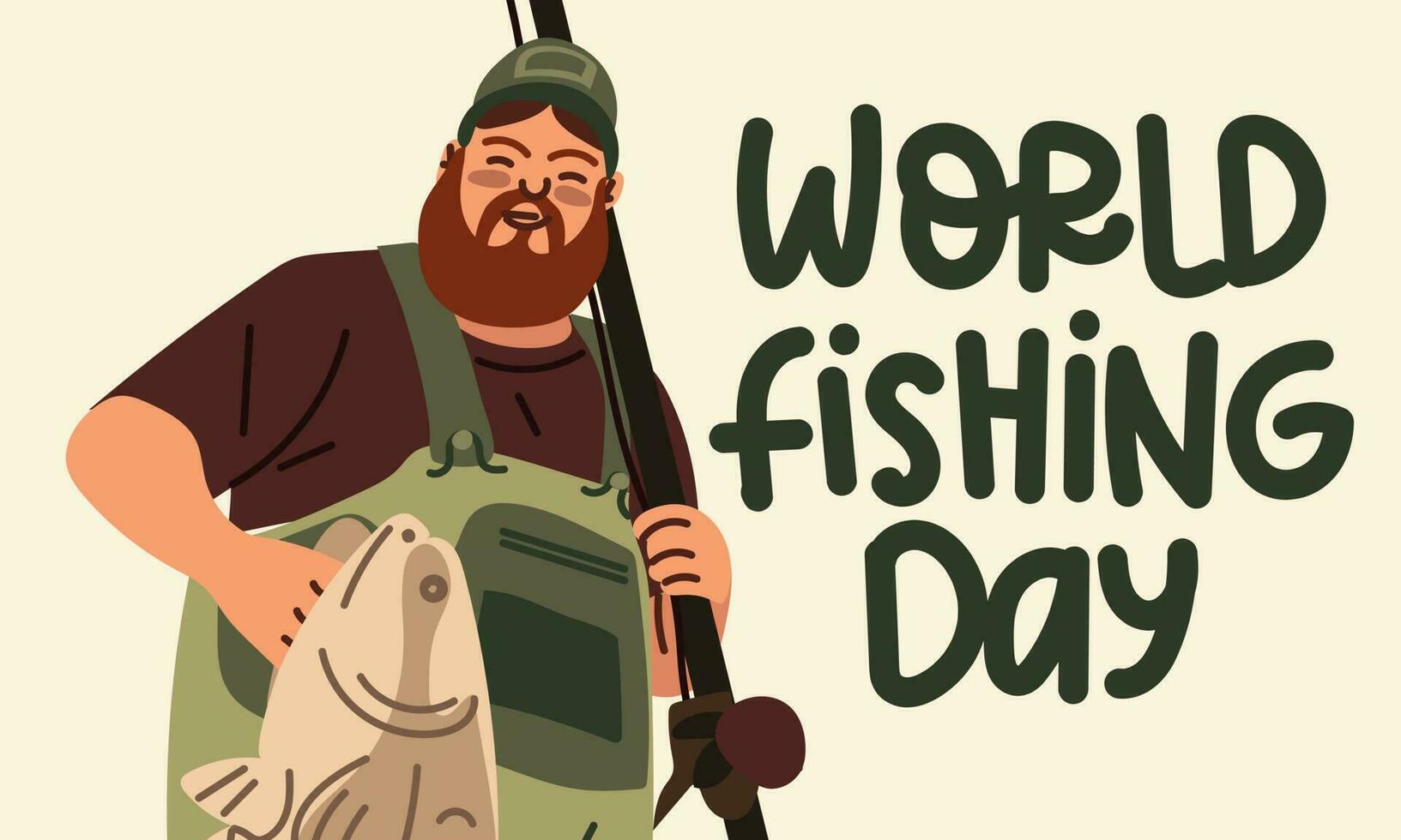 Fisherman's Day. A funny cartoon man with a fishing rod demonstrates his catch. Fishing as a vacation. Banner with the image of a man, a fishing rod and a fish. Printing on paper and textiles. banner vector
