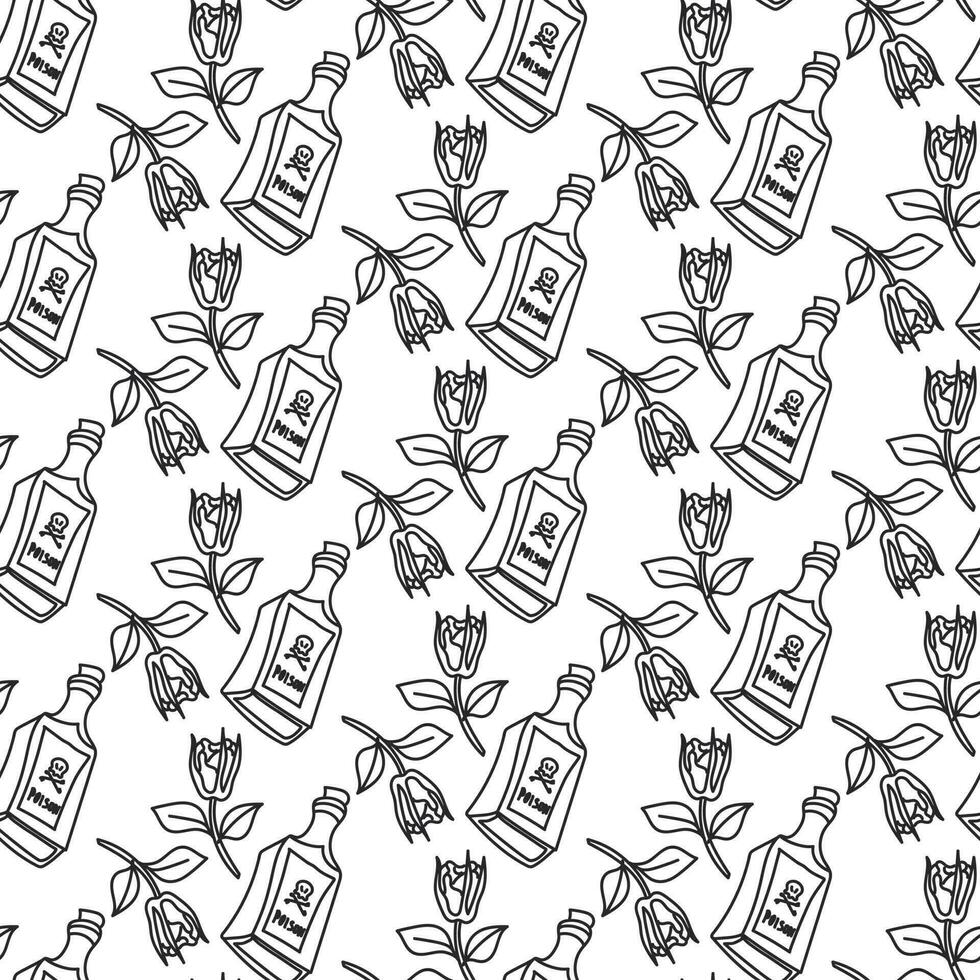 The pattern of the elements of the theme of the weekend in the contour style. Monochrome contoured poison bottle and rose. Black and white background with Halloween elements Printing on textiles,paper vector