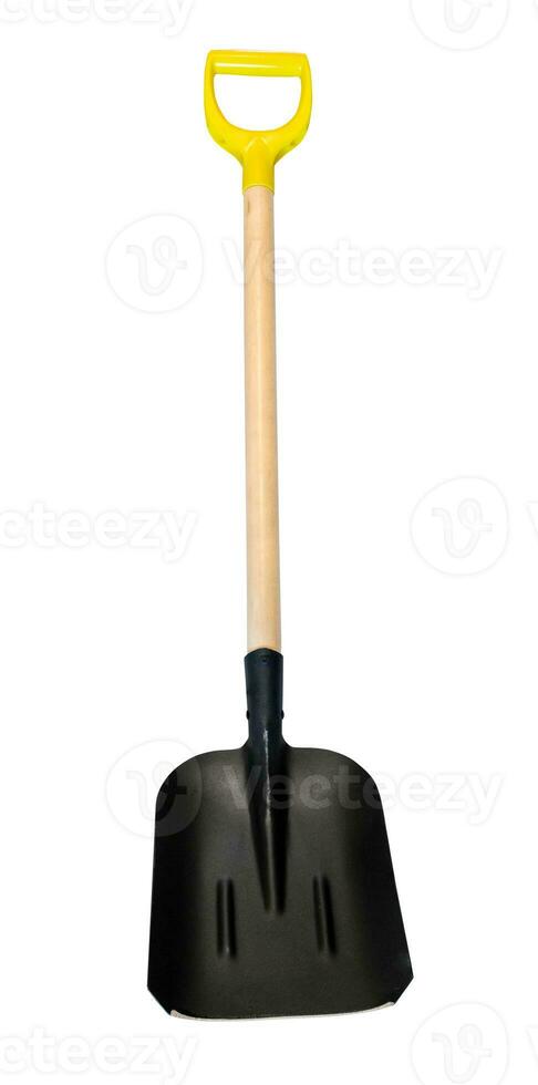 front view of steel scoop shovel with wood handle photo