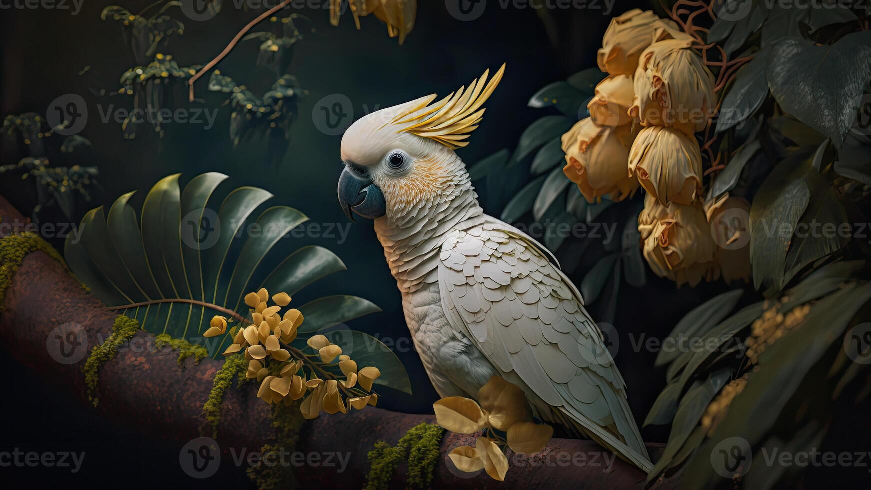 Colorful pair of parrots sitting on branch between leafs Tropical rainforest , flowers in the background, 3D rendering incredibly detailed. photo