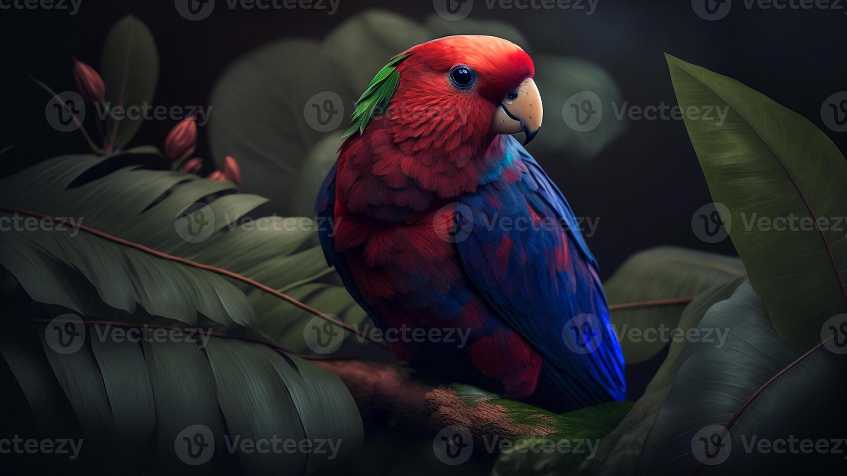 Colorful pair of parrots sitting on branch between leafs Tropical rainforest , flowers in the background, 3D rendering incredibly detailed. photo