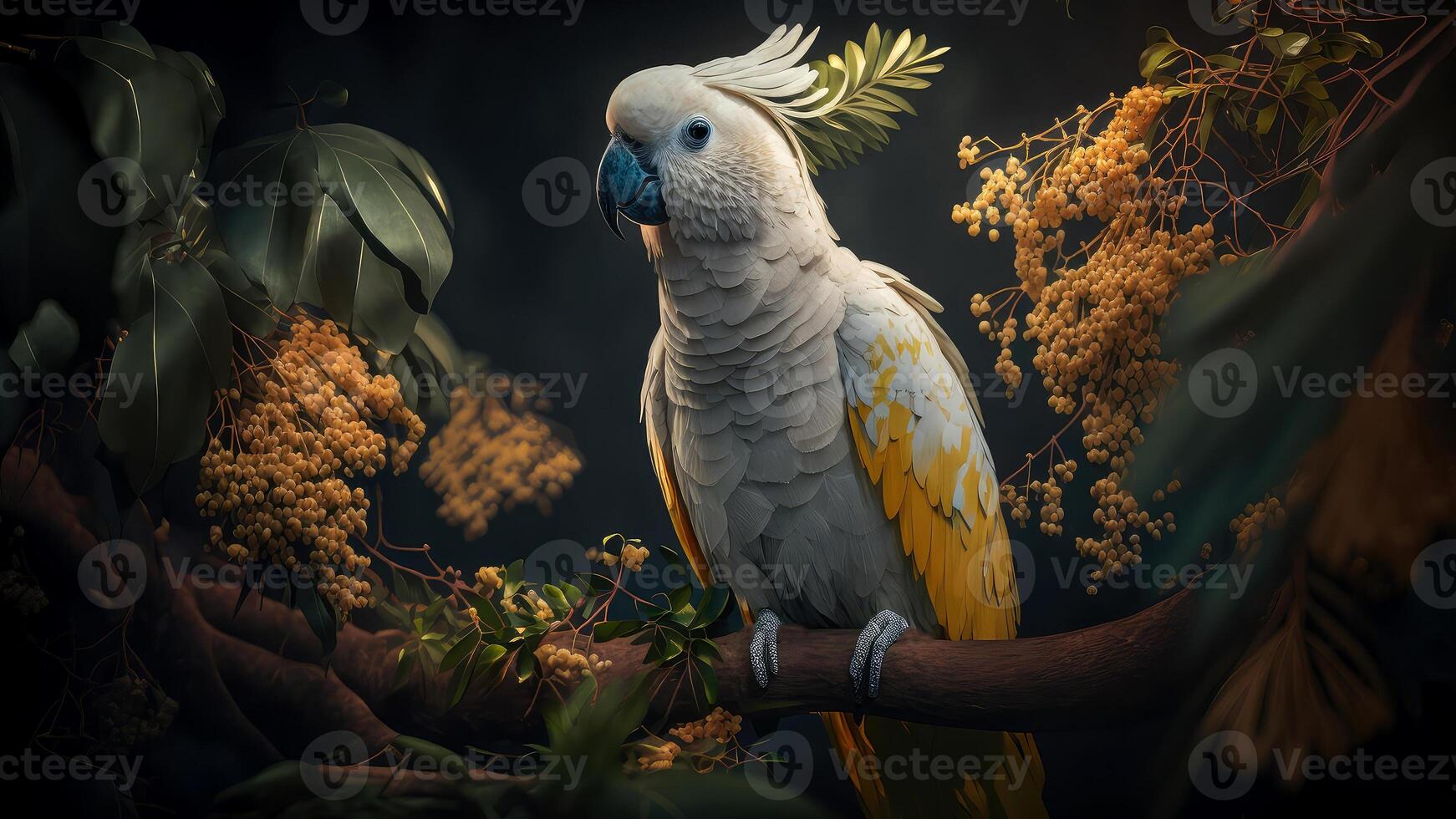 vistoso par de loros sentado en rama Entre hojas tropical selva , flores en el fondo, 3d representación increíblemente detallado. foto