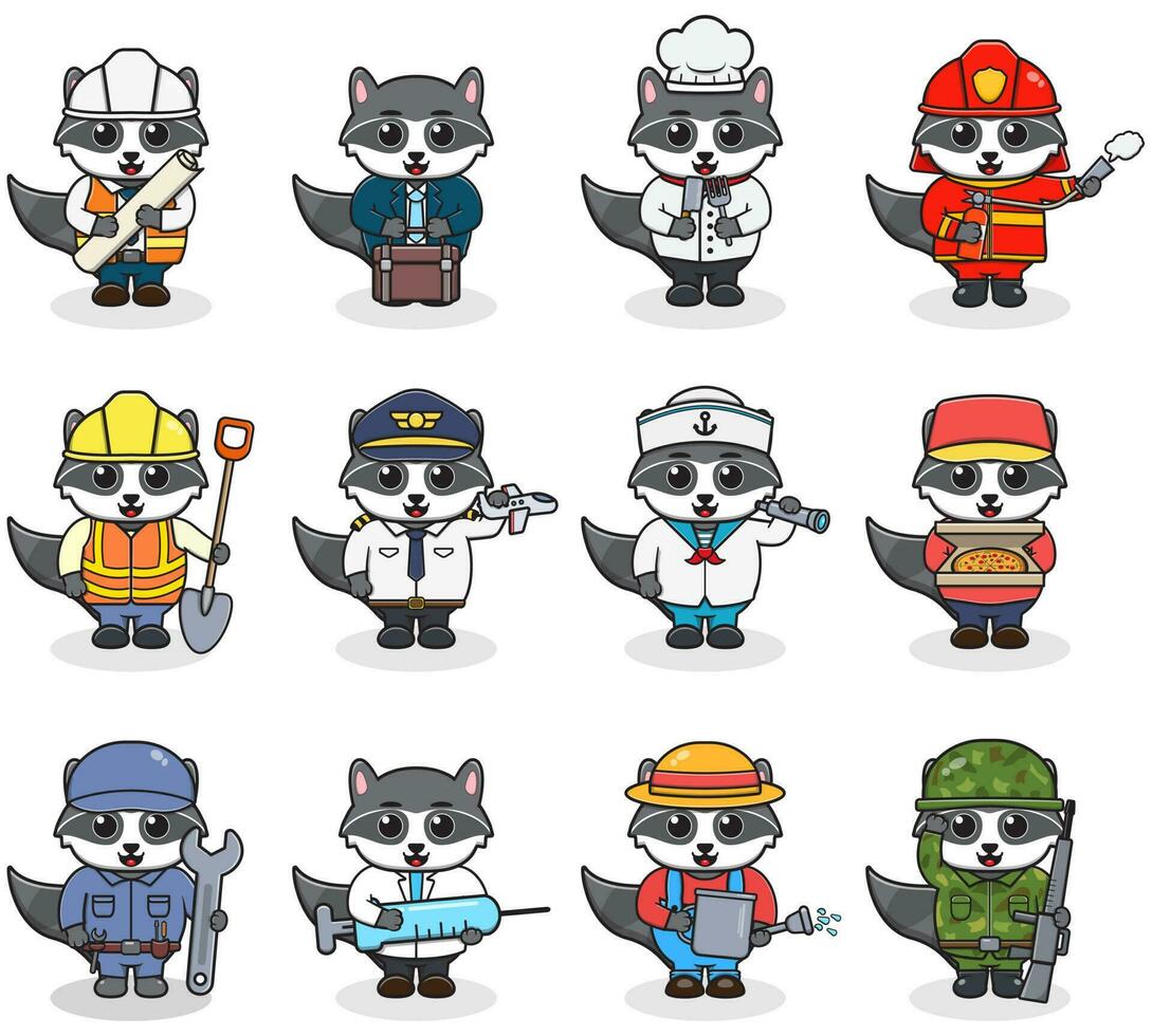 Cartoon Raccoon in professional uniform. Vector set of Raccoon different professions. Vector characters with jobs different occupation. Different jobs professionals. Isolated vector icons set