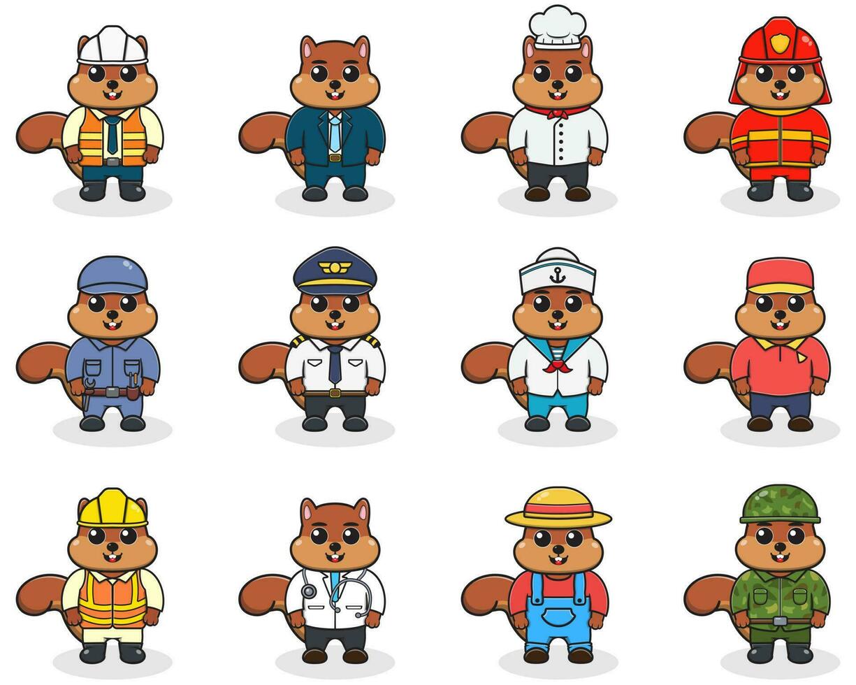 Vector set of cute Squirrel with different professions. Cartoon cute Squirrel  dressed in different occupation uniform. Vector characters with jobs different occupation.