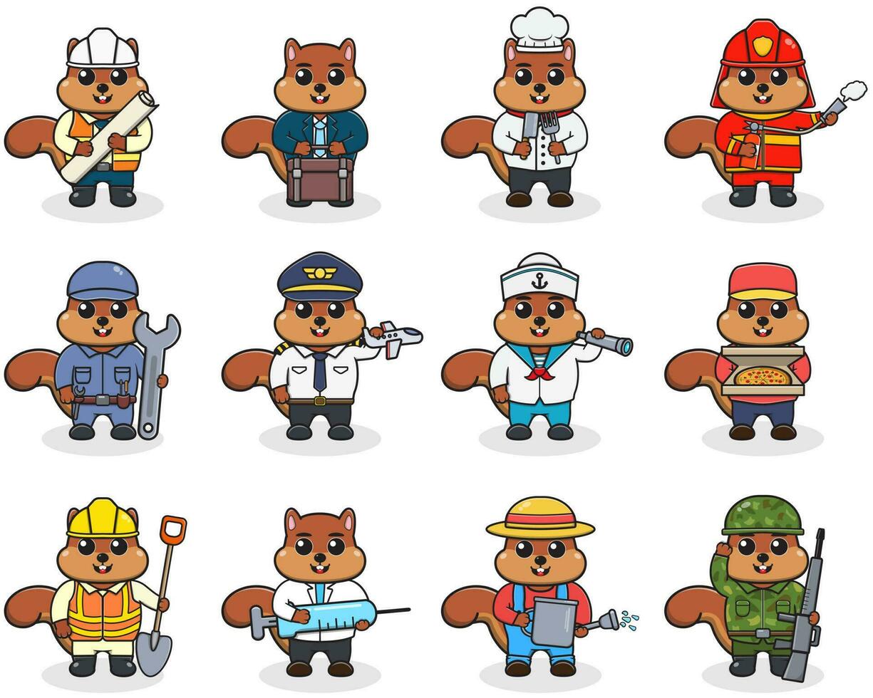 Cartoon Squirrel in professional uniform. Vector set of Squirrel different professions. Vector characters with jobs different occupation. Different jobs professionals. Isolated vector icons set