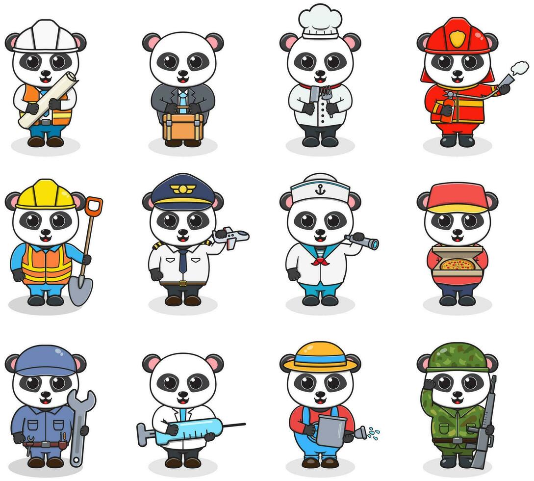 dibujos animados panda en profesional uniforme. vector conjunto de panda diferente profesiones vector caracteres con trabajos diferente ocupación. diferente trabajos profesionales aislado vector íconos conjunto