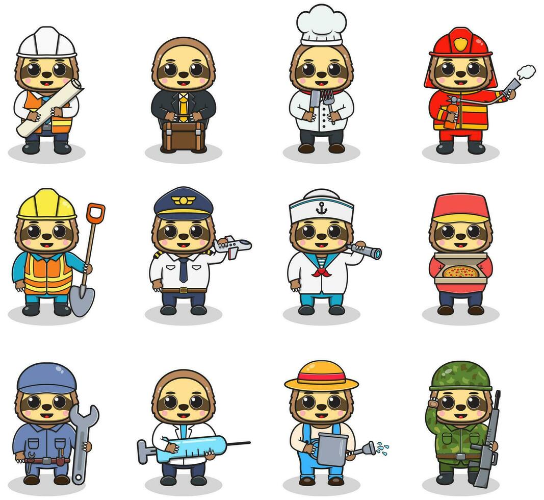 Cartoon Sloth in professional uniform. Vector set of Sloth different professions. Vector characters with jobs different occupation. Different jobs professionals. Isolated vector icons set