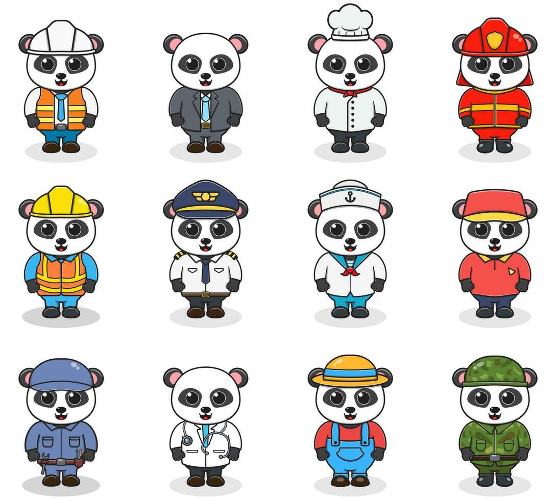 Vector set of cute Panda with different professions. Cartoon cute Panda dressed in different occupation uniform. Vector characters with jobs different occupation.