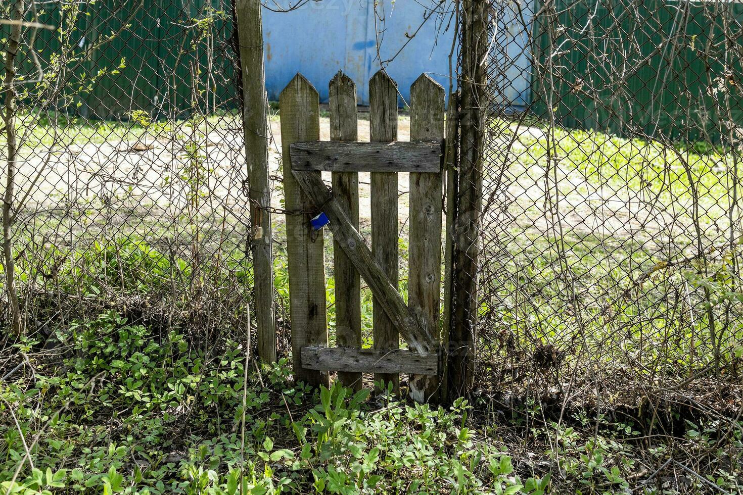 old shabby wooden wicket in chain-link fence photo