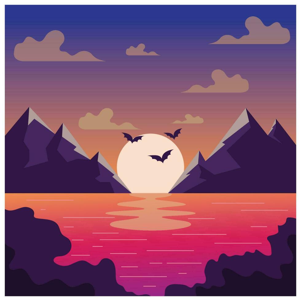 landscape illustration natural scenery background with hills,sky,moon,clouds,sun pine lake vector