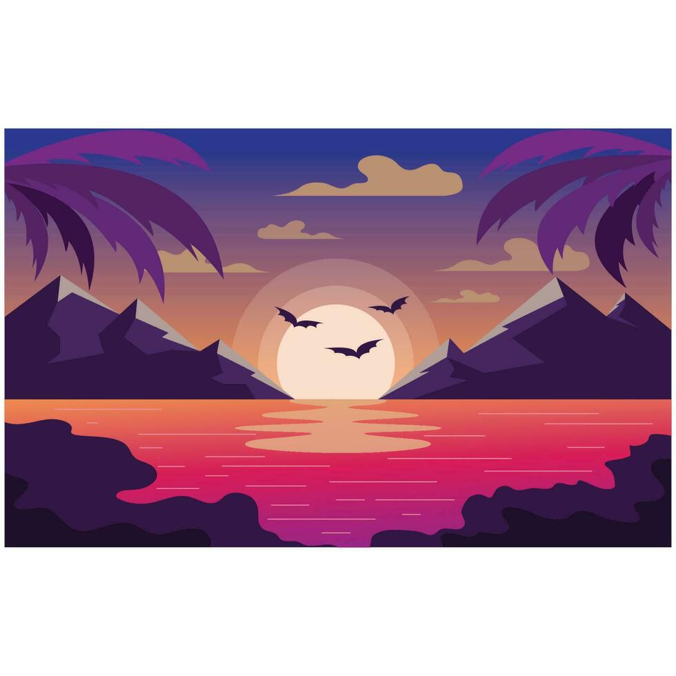 landscape illustration natural scenery background with hills,sky,moon,clouds,sun pine lake vector