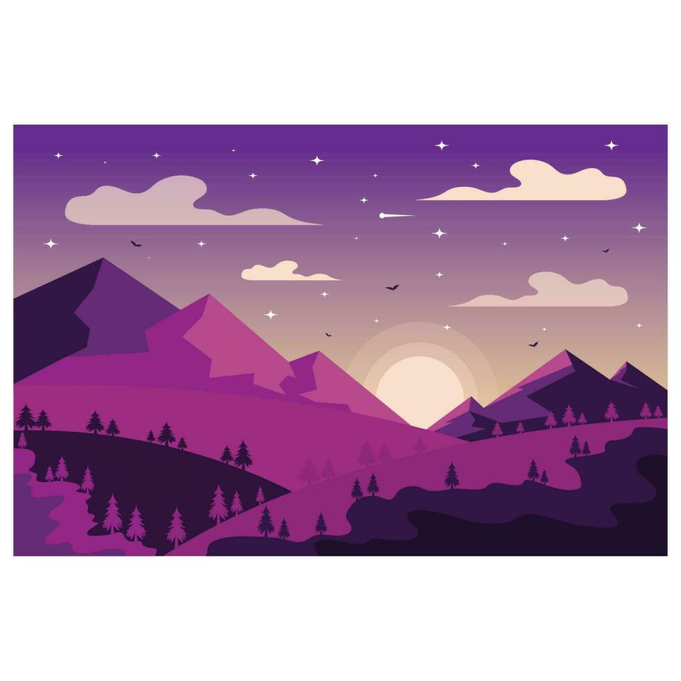 landscape illustration natural scenery background with hills,sky,moon,clouds,sun pine lake vector