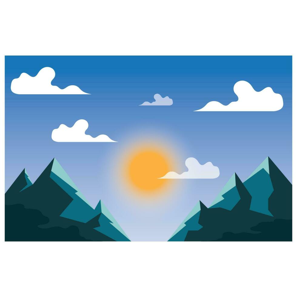 landscape illustration natural scenery background with hills,sky,moon,clouds,sun pine lake vector