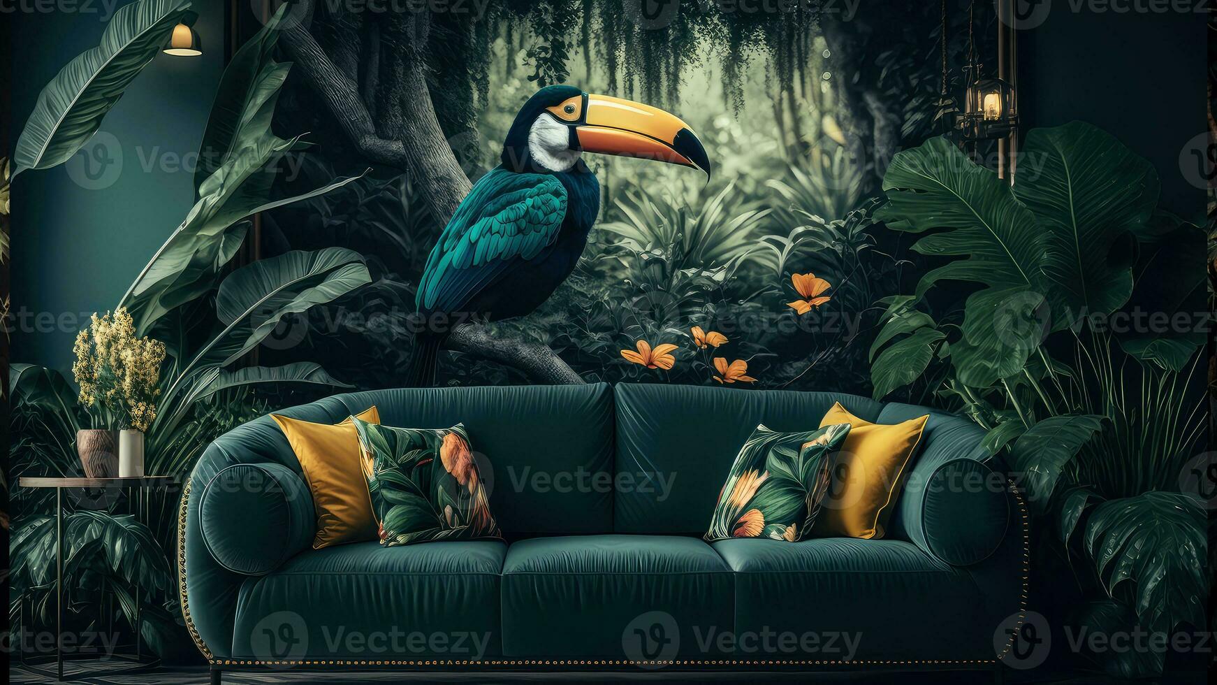 Colorful pair of toucan toco birds sitting on branch between leafs Tropical rainforest , flowers in the background, 3D rendering incredibly detailed. photo