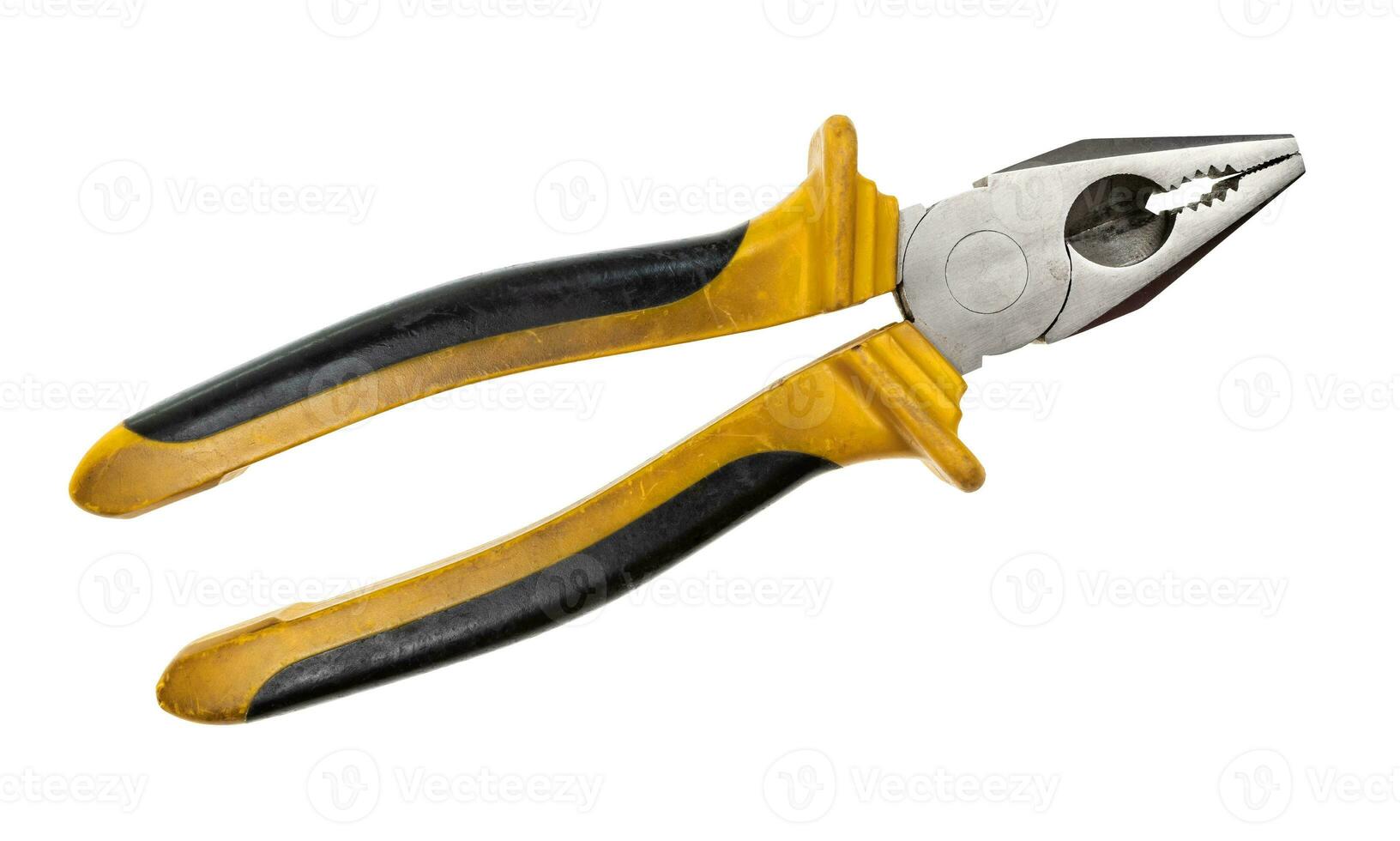 used pliers with yellow and black rubber handle photo