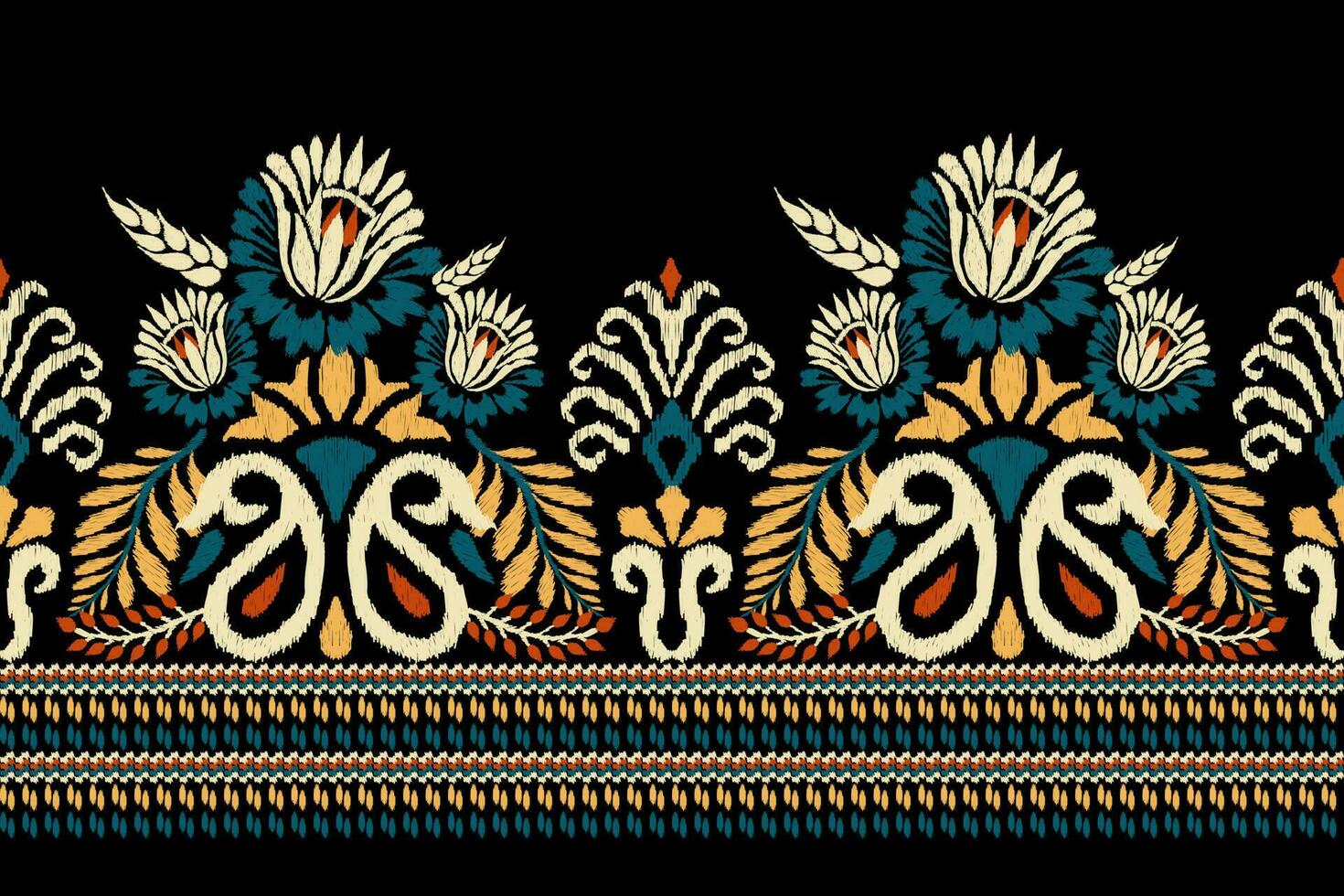 ikat floral cachemir bordado en negro fondo.ikat étnico oriental modelo tradicional.azteca estilo resumen vector ilustración.diseño para textura,tela,ropa,envoltura,decoración,pareo,estampado