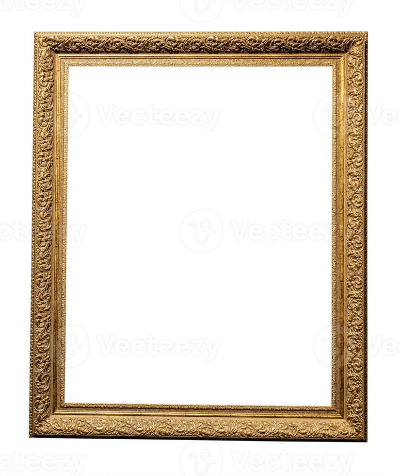 old vertical golden wooden picture frame isolated photo