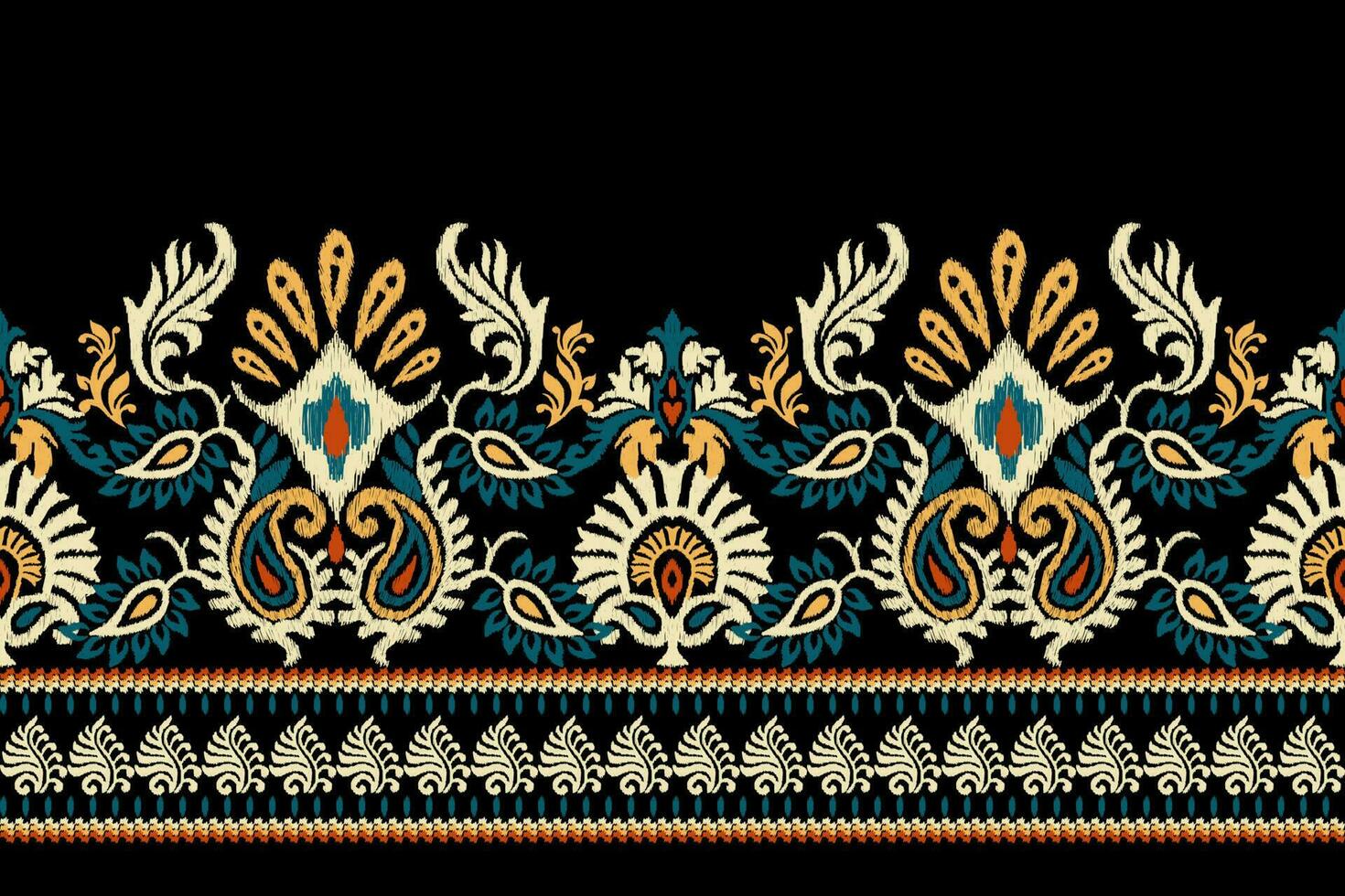 ikat floral cachemir bordado en negro fondo.ikat étnico oriental modelo tradicional.azteca estilo resumen vector ilustración.diseño para textura,tela,ropa,envoltura,decoración,pareo,bufanda